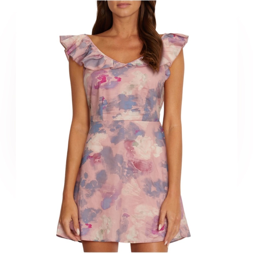 WildFox | Blair Deep V Ruffle | Soft Abstract Watercolor Sleeveless Pink Purple